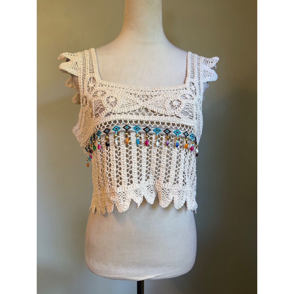 Rebellion  Cream Crochet Crop Top festival Beaded Boho Festival Tank Large NWT y